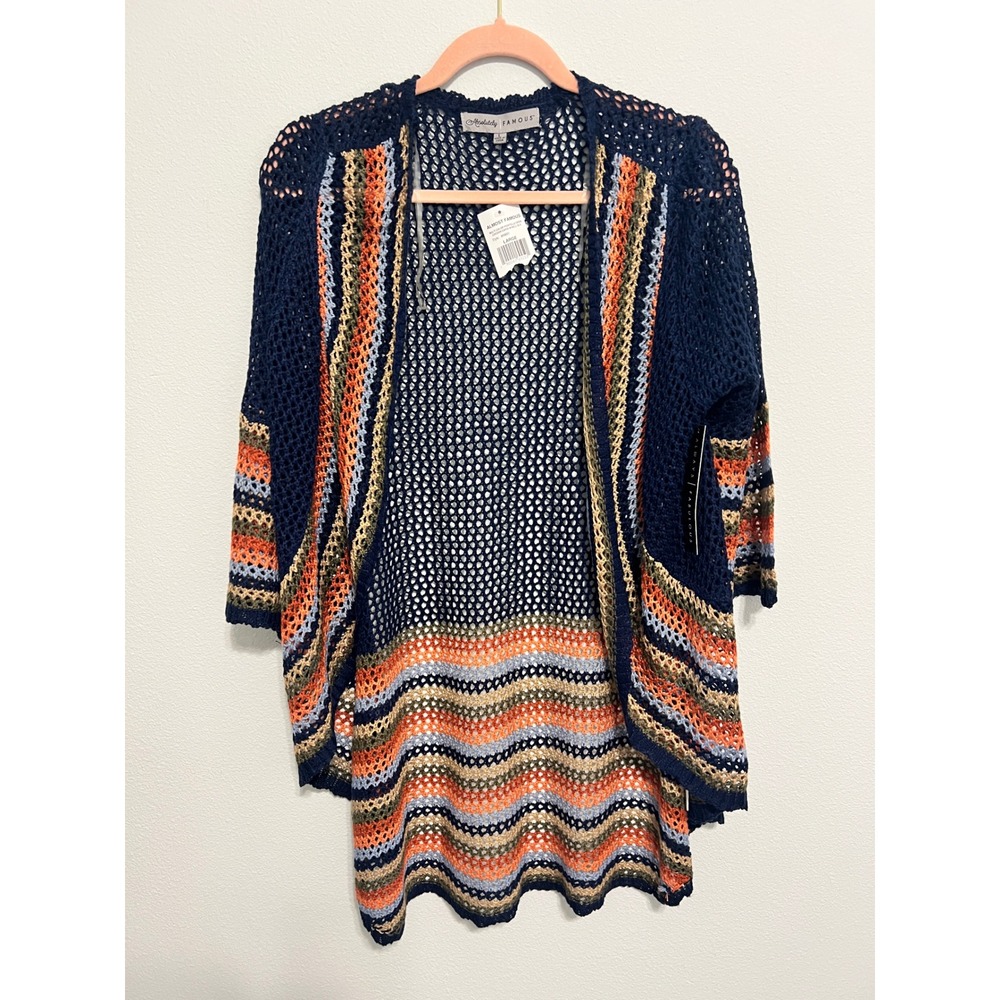 Absolutely Famous Navy Multi Color Pointelle Open Cocoon Cardigan Bell Sleeve L